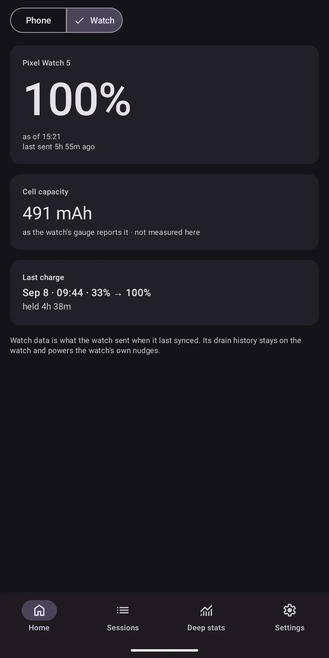 ChargeLog's Home screen on the phone under its Watch scope: the watch's own charging history, kept separate from the phone's