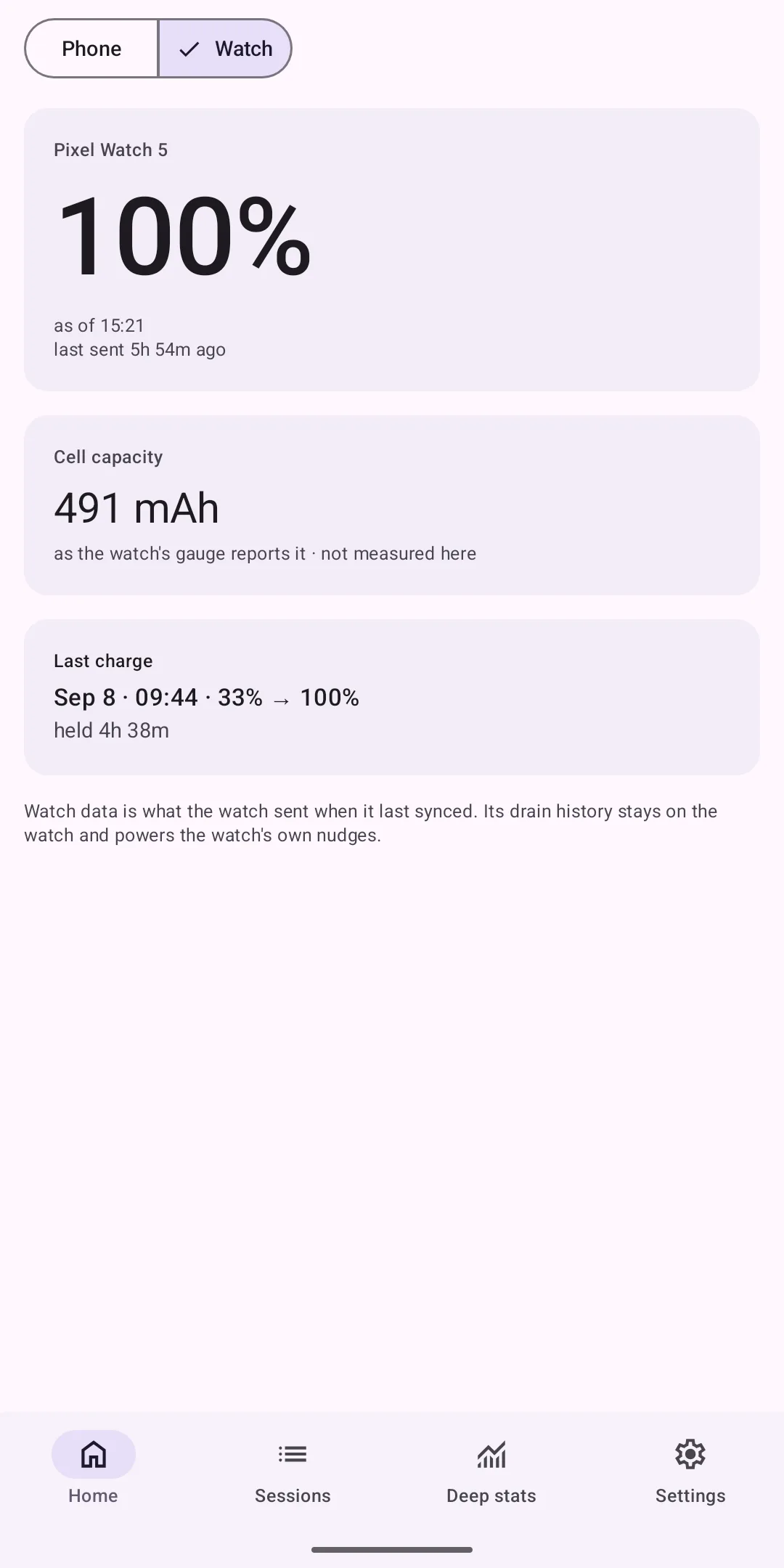 ChargeLog's Home screen on the phone under its Watch scope: the watch's own charging history, kept separate from the phone's