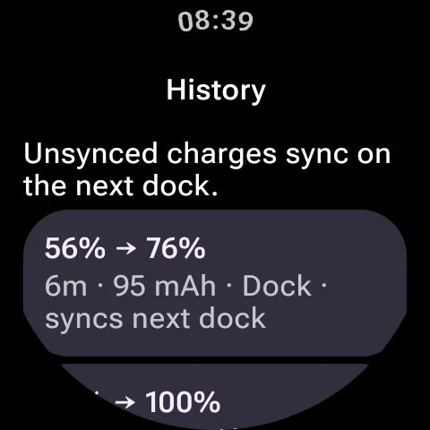 The watch's History screen: a sync sentence and a card for the newest charge with its level span